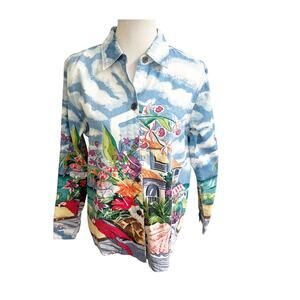 Vtg Real Comfort By Chadwick's Button Up Top Womens M Multi Floral Scenic Print